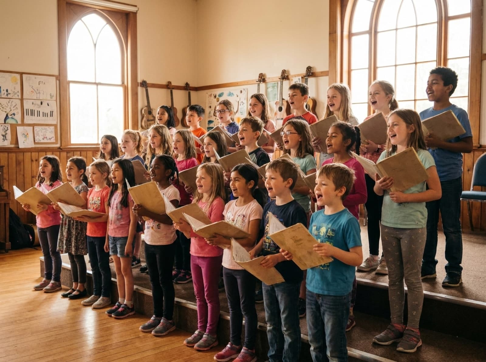 A children's choir singing together, holding song folders in a bright hall.
