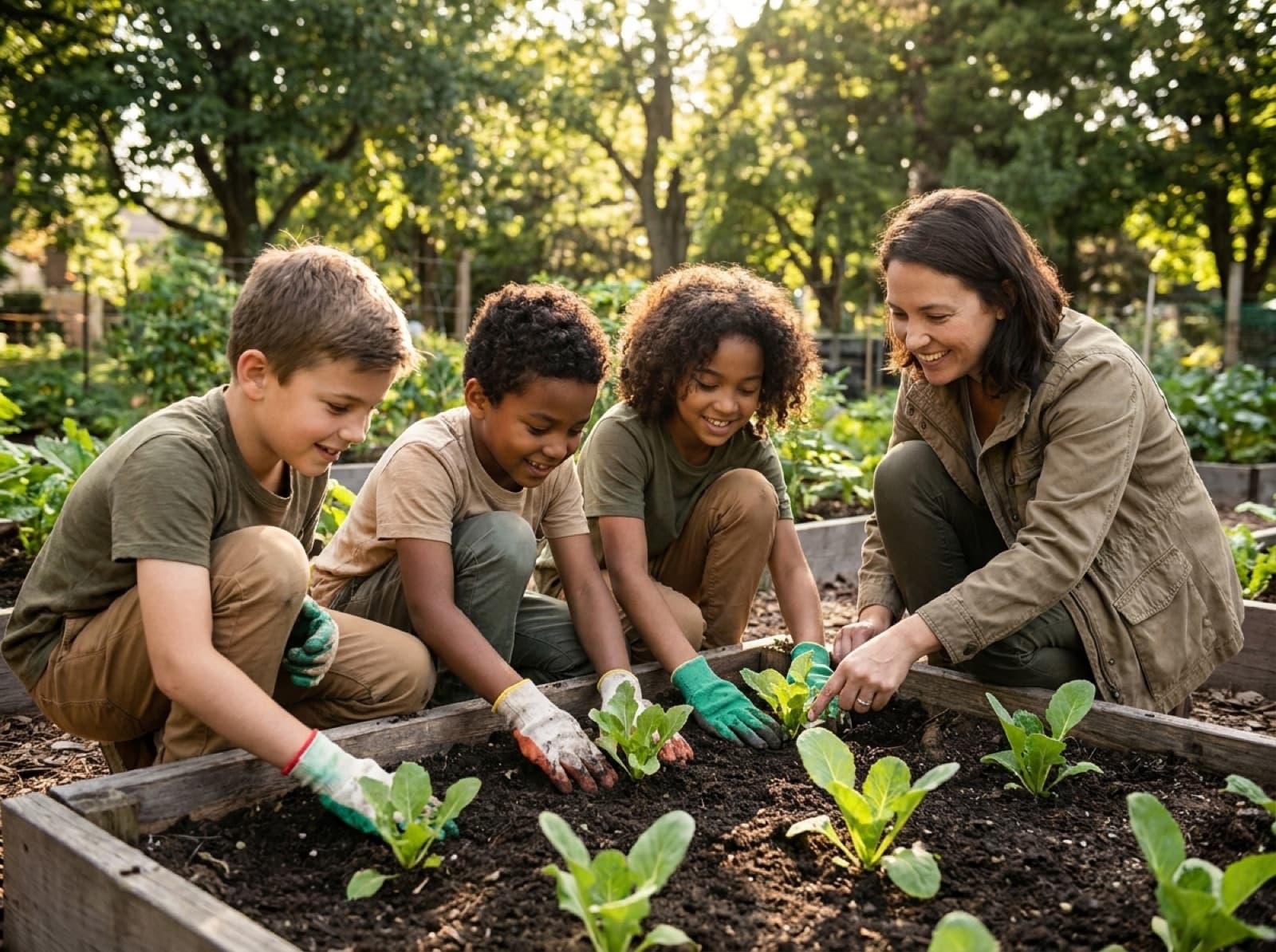 Children planting seedlings in a community garden, their hands in the soil.