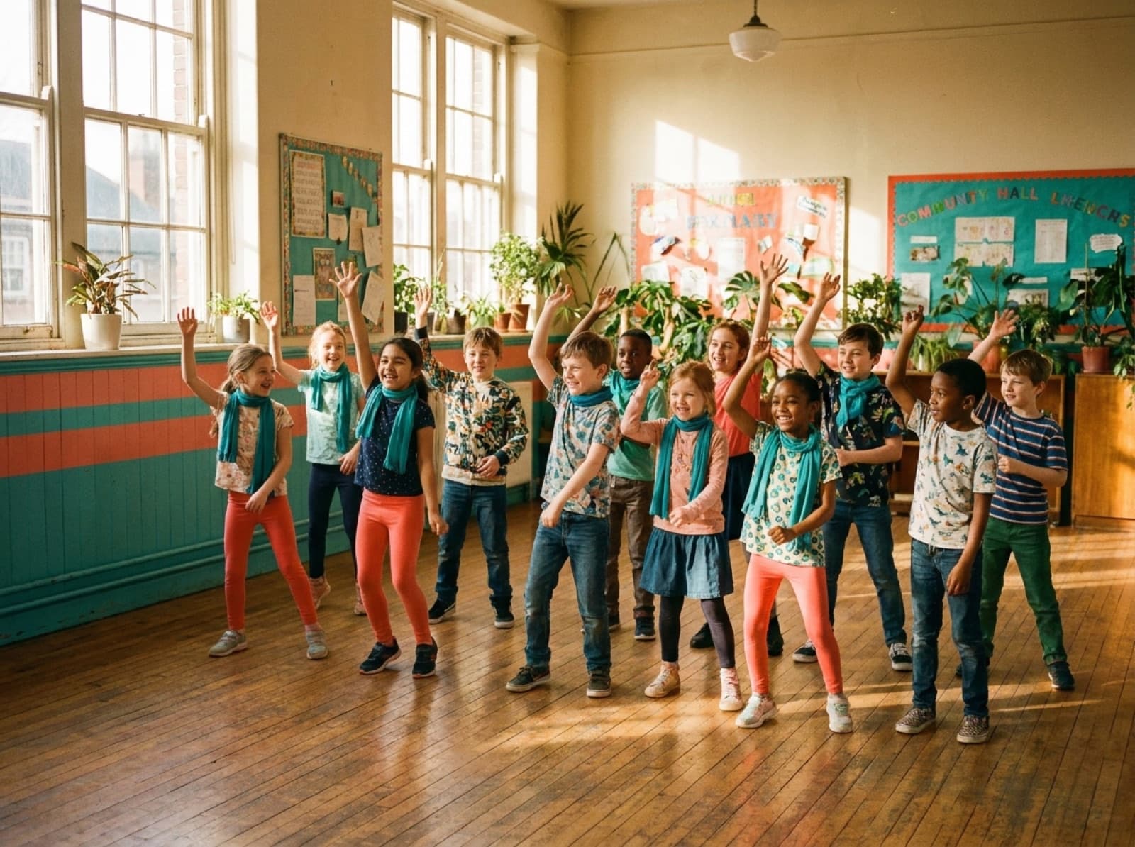 Children dancing together in a bright community room with their arms raised.