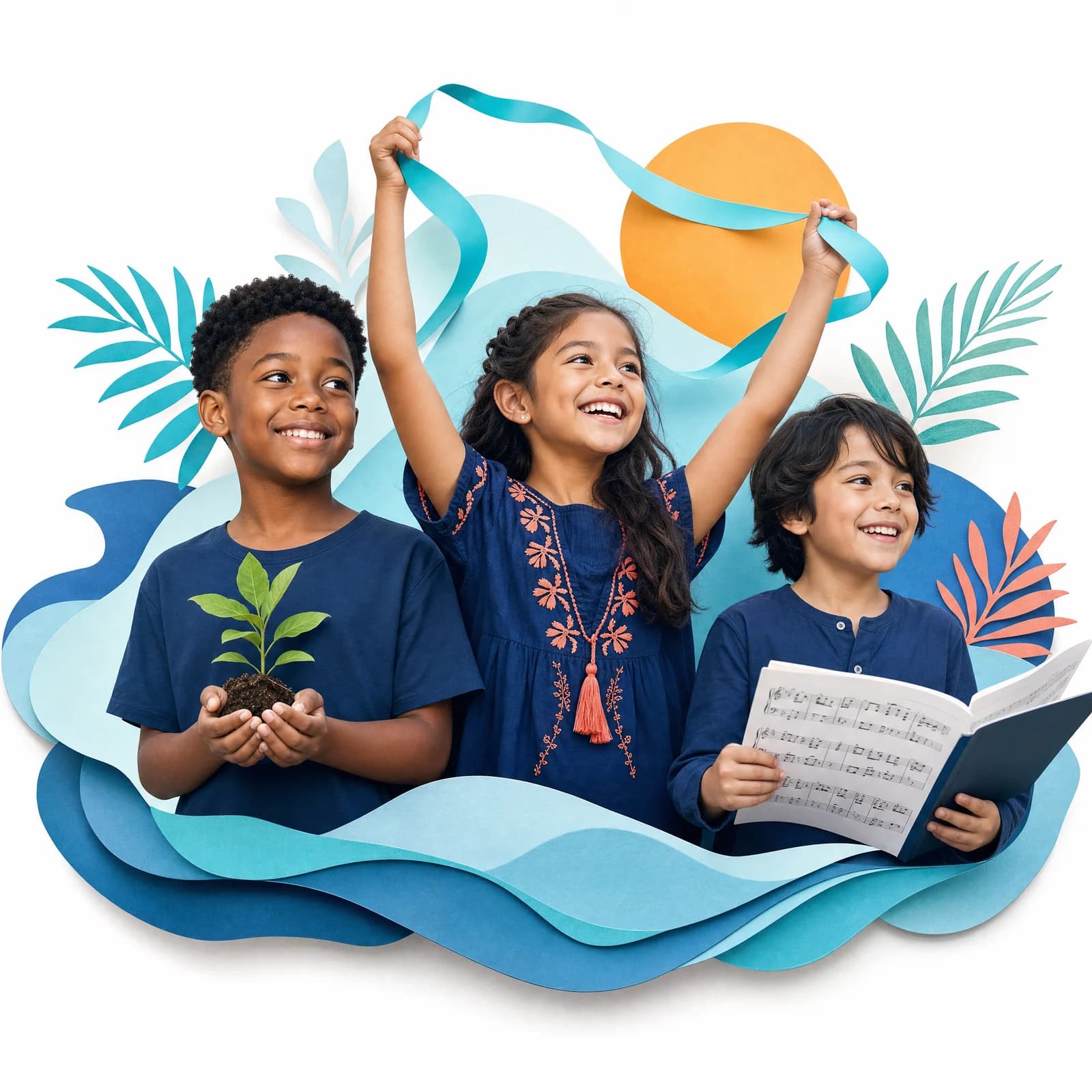 Illustration of children with a seedling, a dance ribbon, and a music book, surrounded by sea-blue shapes.