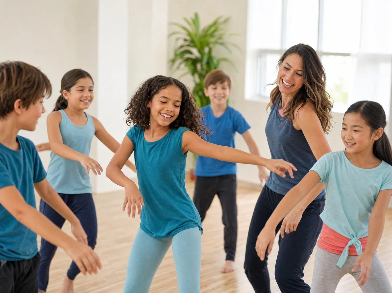 Children dancing together in a bright community room with their arms raised.
