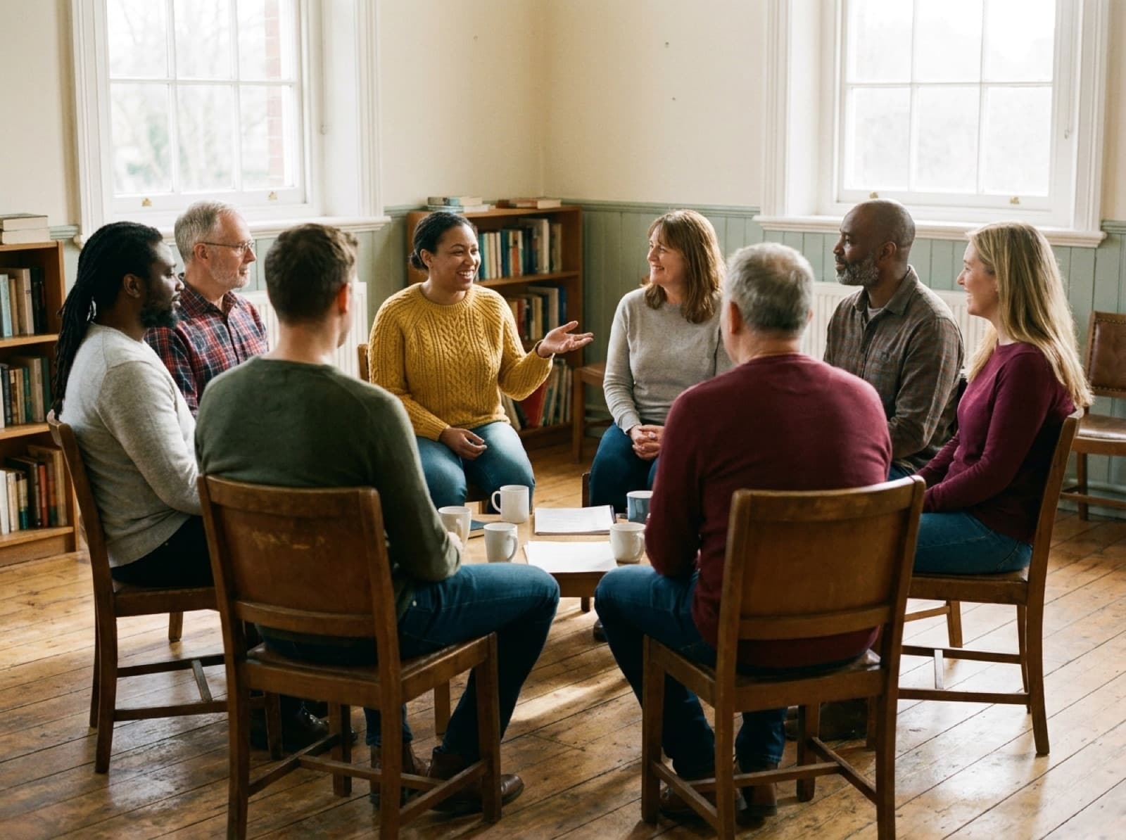 Parents and caregivers sitting together in a circle in a community room, talking and listening.